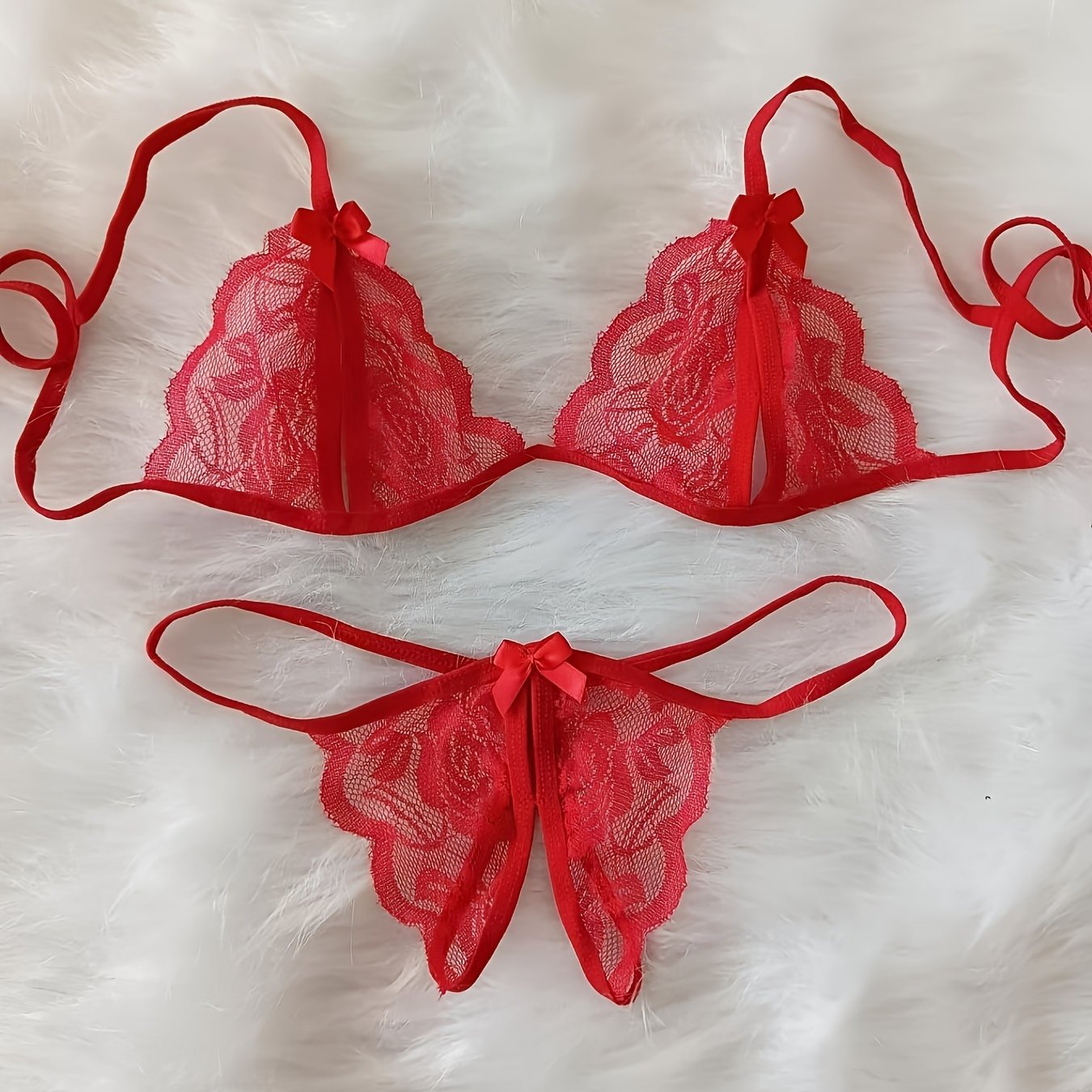 Lingerie Set with Deep V Neckline and See-Through Back, Includes Bra and Open Crotch Thong