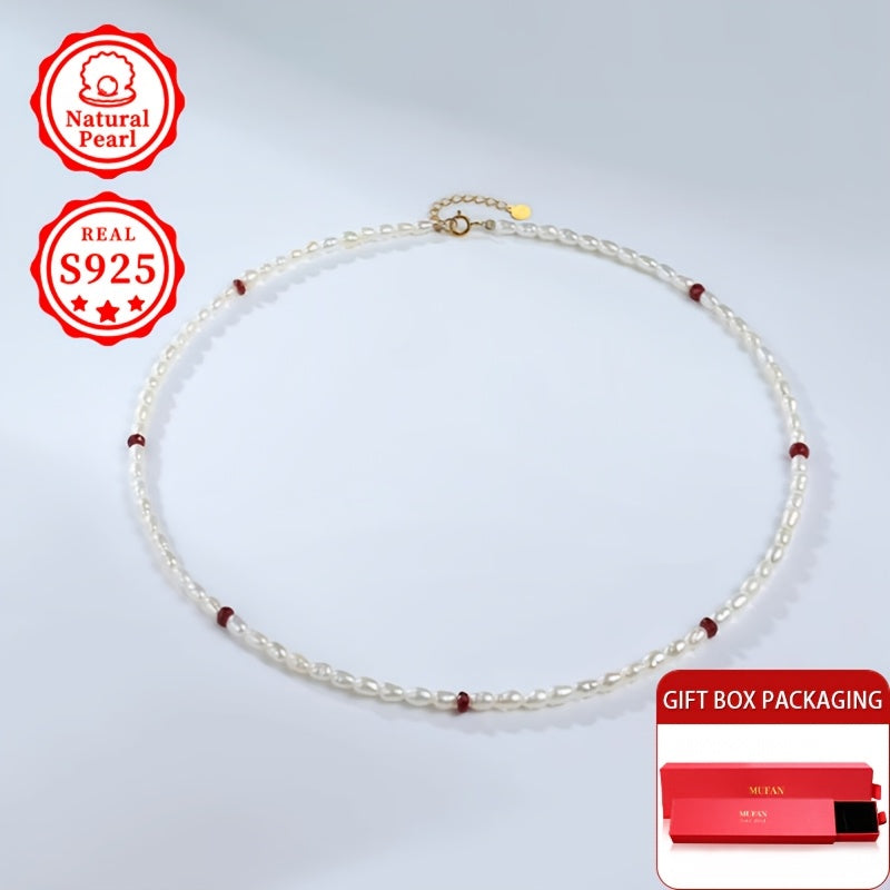 Women’s Freshwater Pearl Necklace with Silver Clasp Adjustable Rice-Shaped June Birthstone Jewelry