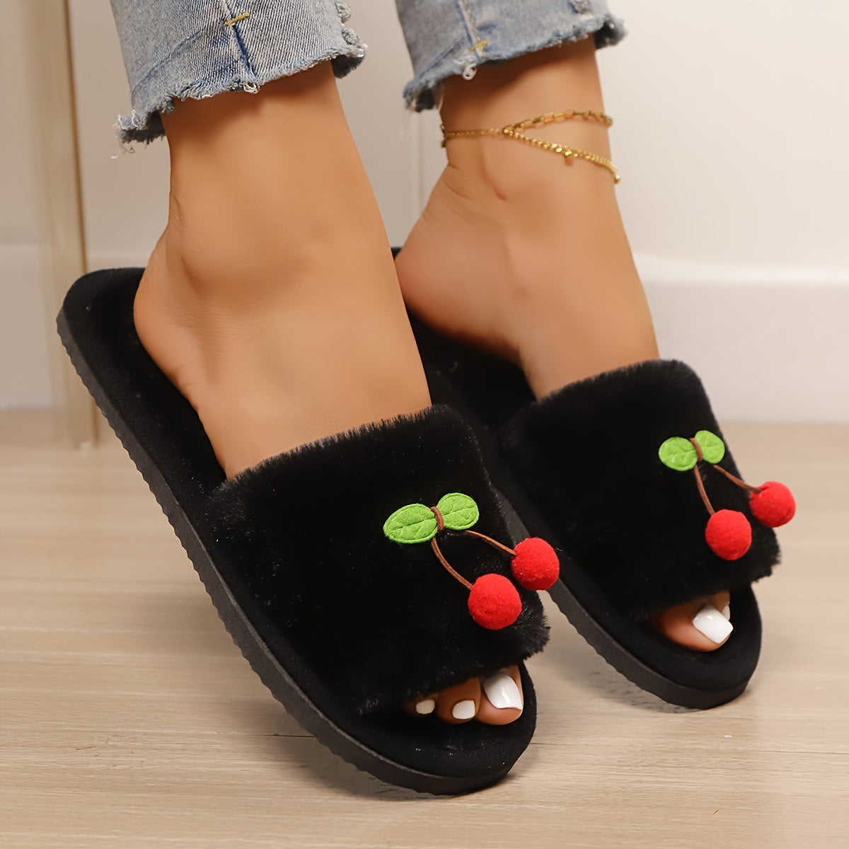 Women's Cherry and Green Leaf Slip-On Slippers, Soft EVA Sole, Indoor Outdoor