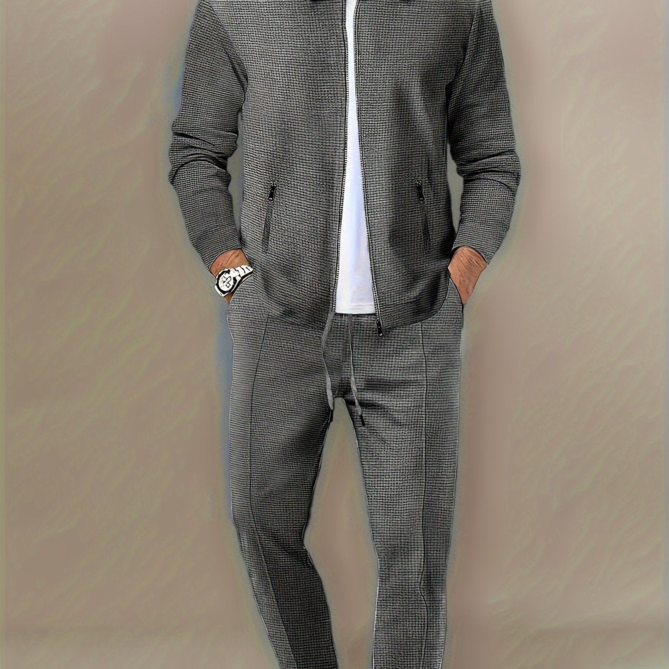 Men's Casual Zipper Jacket and Pants Set Polyester Solid Color Lapel for Outdoor Activities