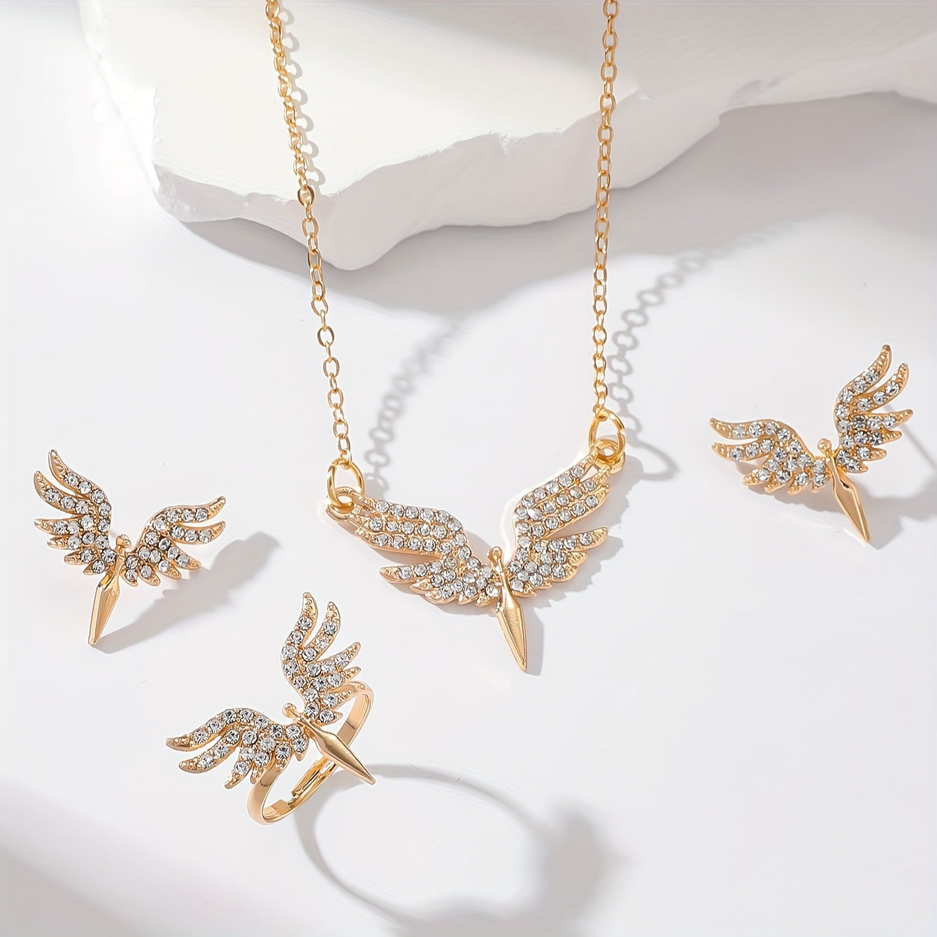 Women's Angel Wing Jewelry Set Gold Tone Black Accents Necklace Earrings Ring Gift for Women