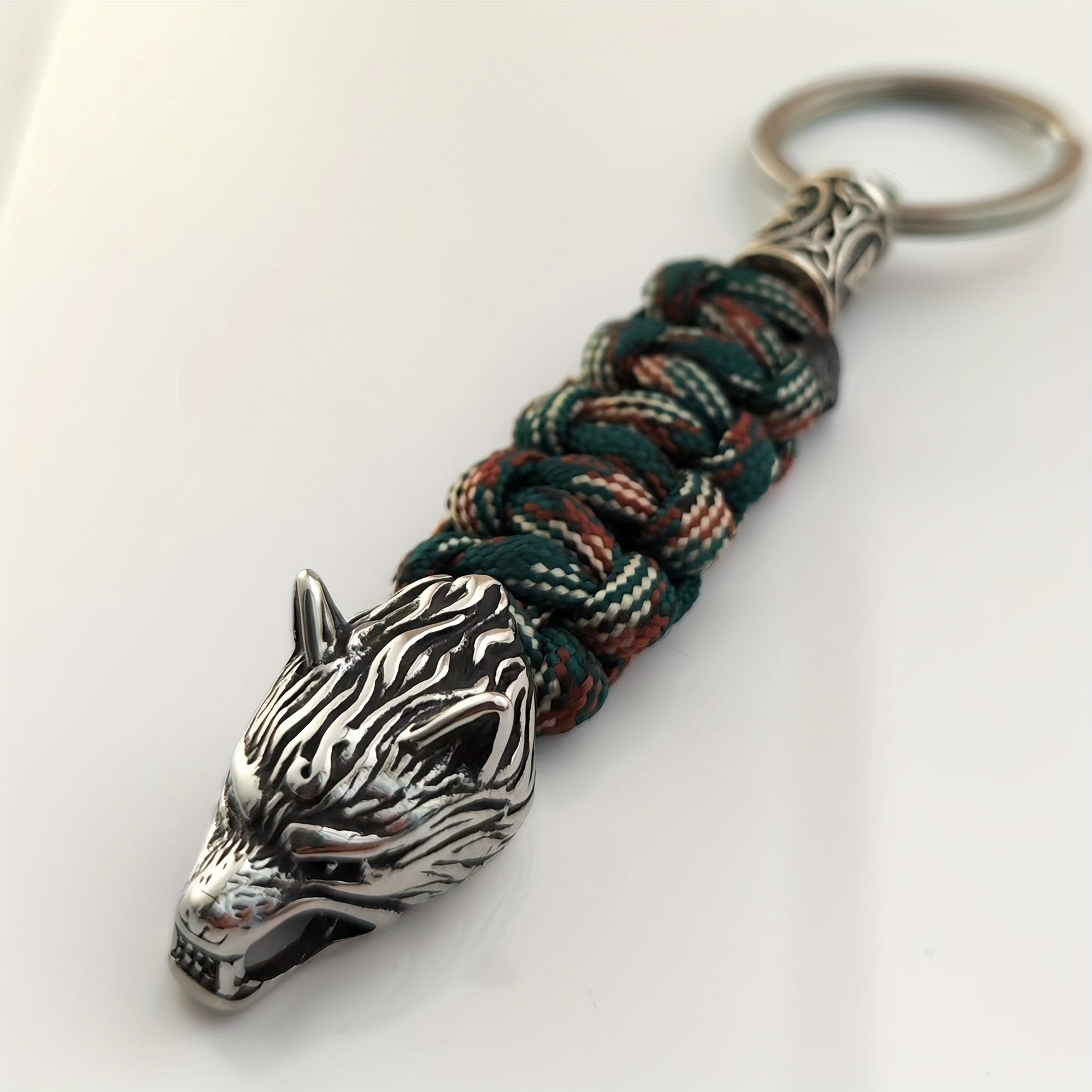 Viking Wolf Head Keychain Stainless Steel Hand-Woven Polyester Sporty Stylish