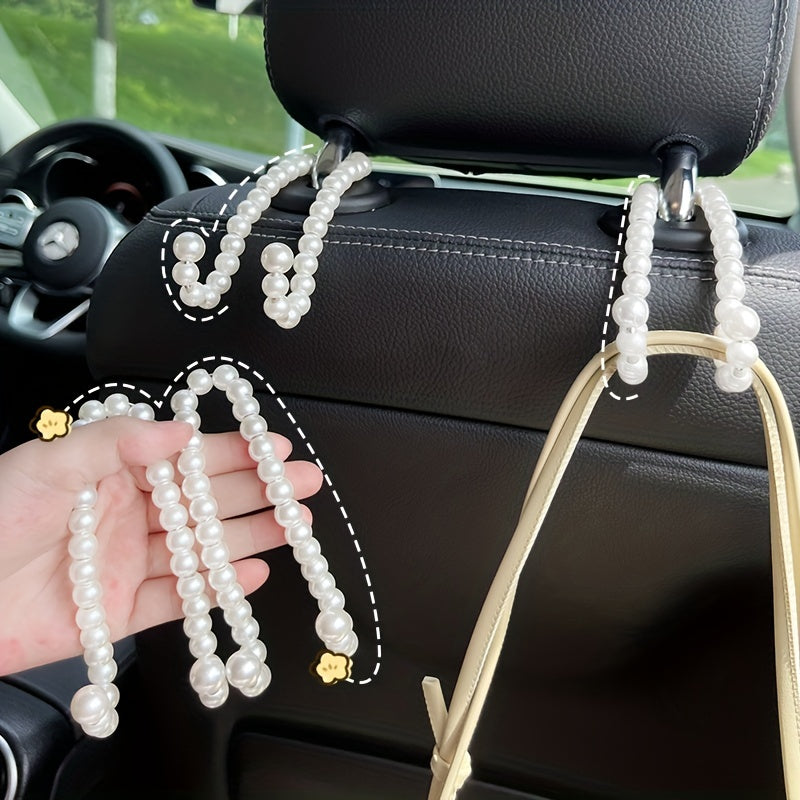2pcs Stainless Steel Pearl-Embellished Car Seat Headrest Hooks Universal Fit Stylish Vehicle Organizer