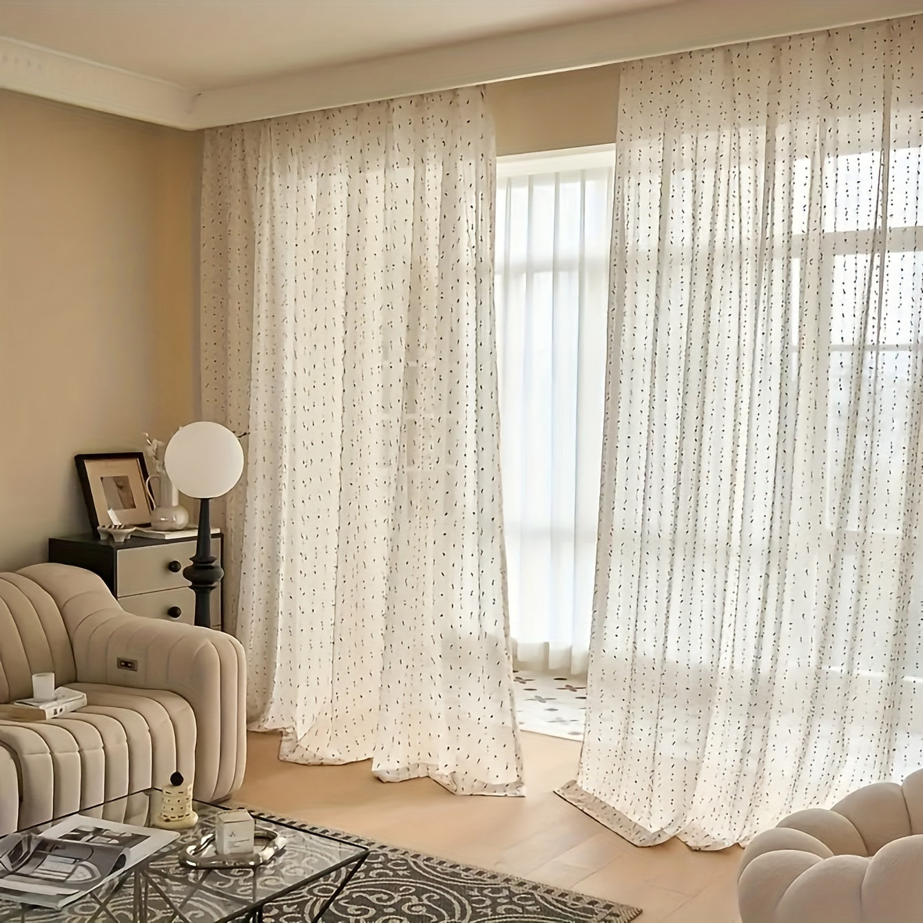 Vintage Linen Look Sheer Curtain with Rainbow Sugar Bean Embellishments for Bedroom and Living Room