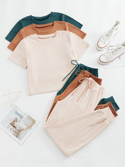 Women's 3-Piece Lounge Set Crew Neck Top and Lace-Up Pants Solid Color Micro Elastic Polyester