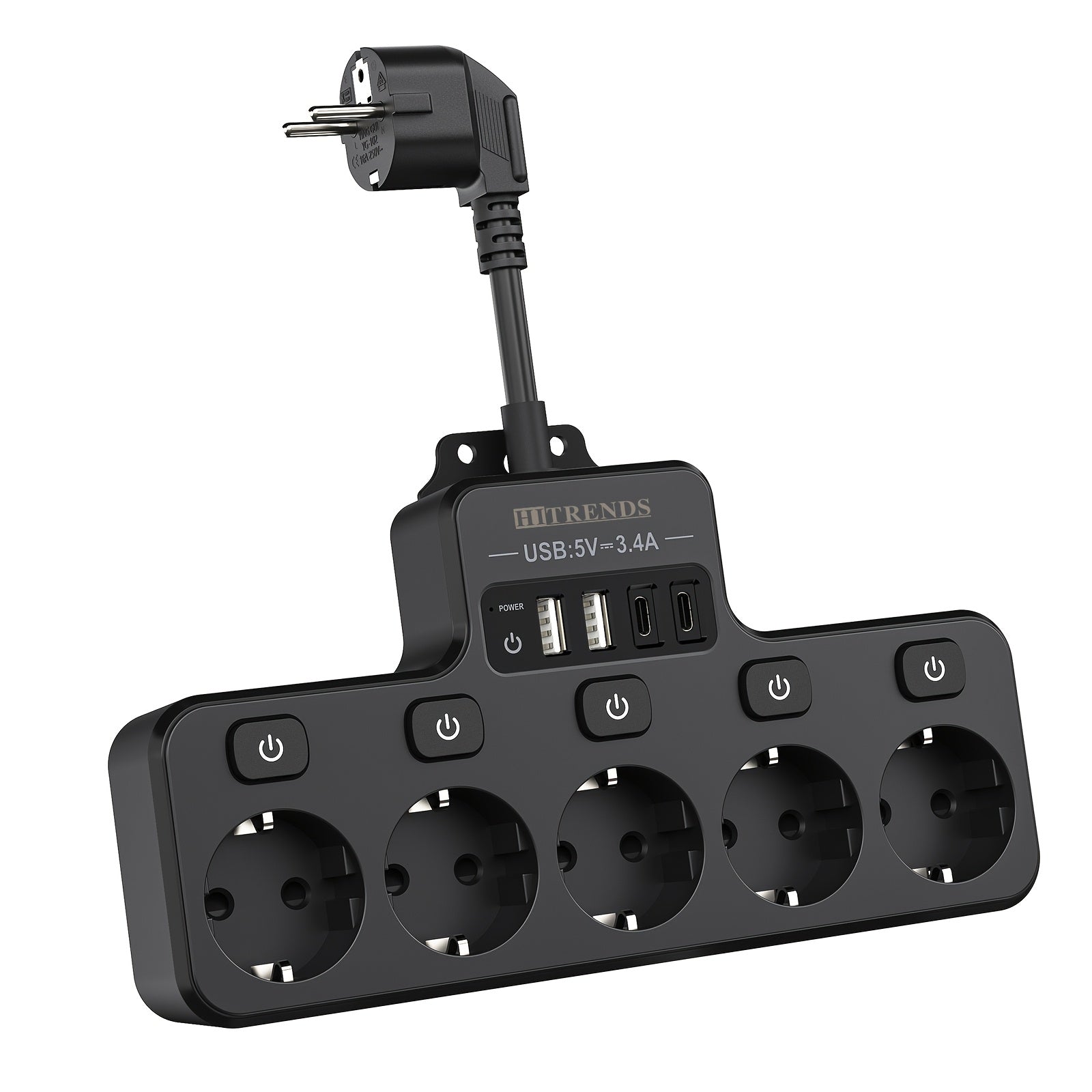 Power Strip with 5 EU Sockets and 4 USB Ports Wall-Mounted Smart Charging