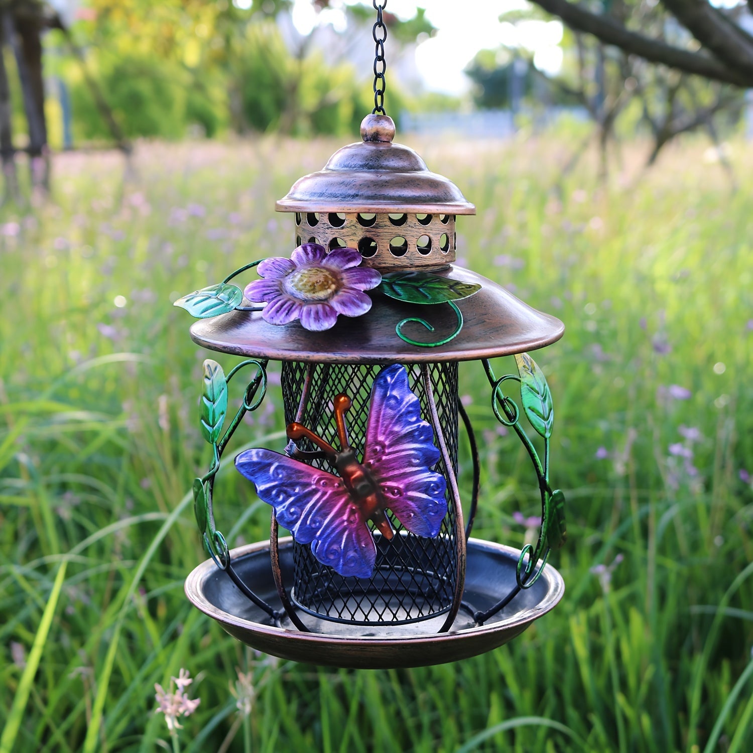 Metal Mesh Bird Feeder with Dragonfly and Flower Accents Outdoor Hanging Decor