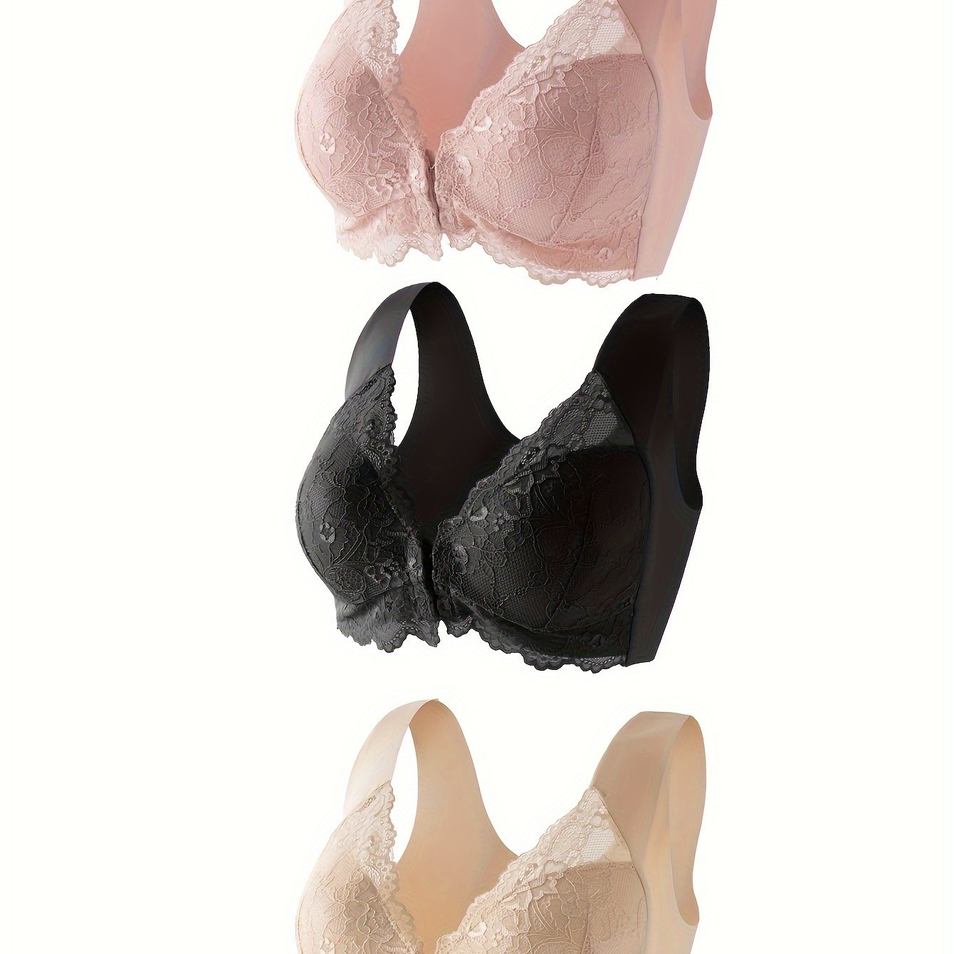 Women's Black Floral Lace Push-Up Bralette Wireless Front Closure Seamless Lingerie