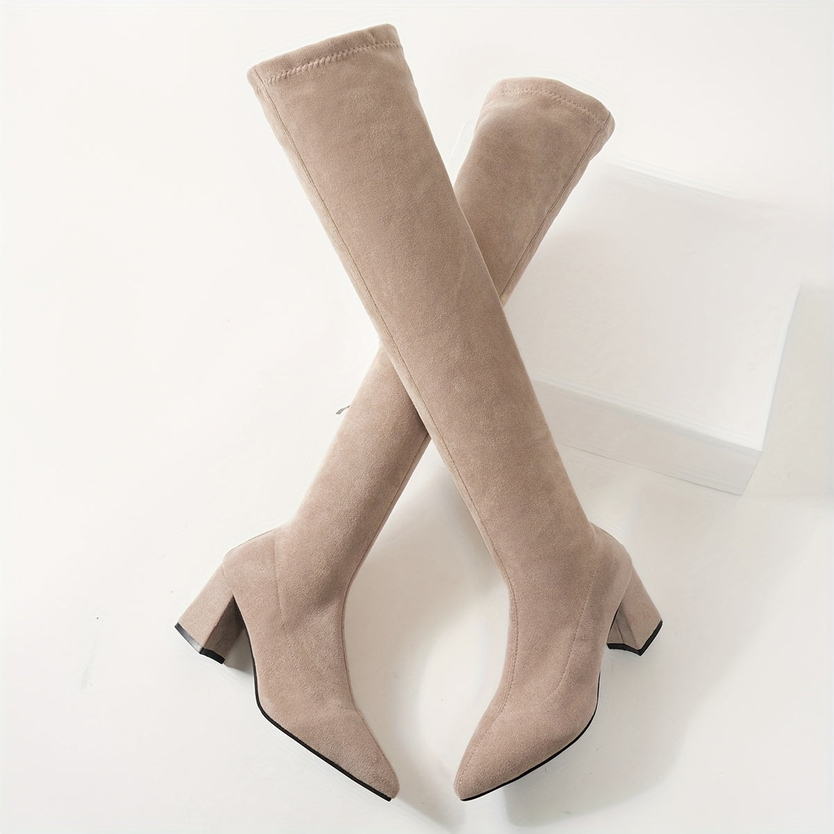 Women's Fleece-Lined Over-the-Knee Boots Khaki Pointed Toe Chunky Heel
