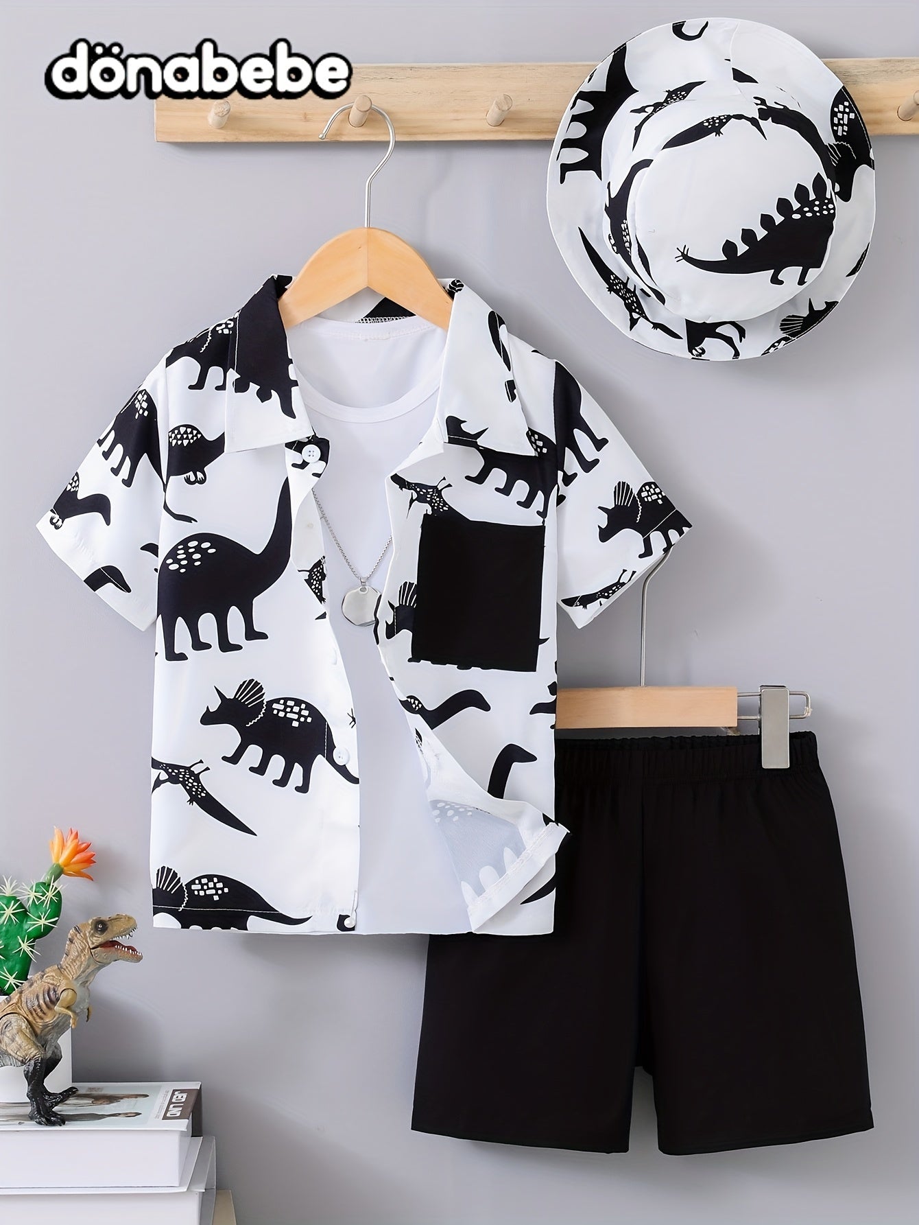 Kids Boys Summer Dinosaur 3-Piece Set Shirt Hat Shorts Casual Vacation Outdoor