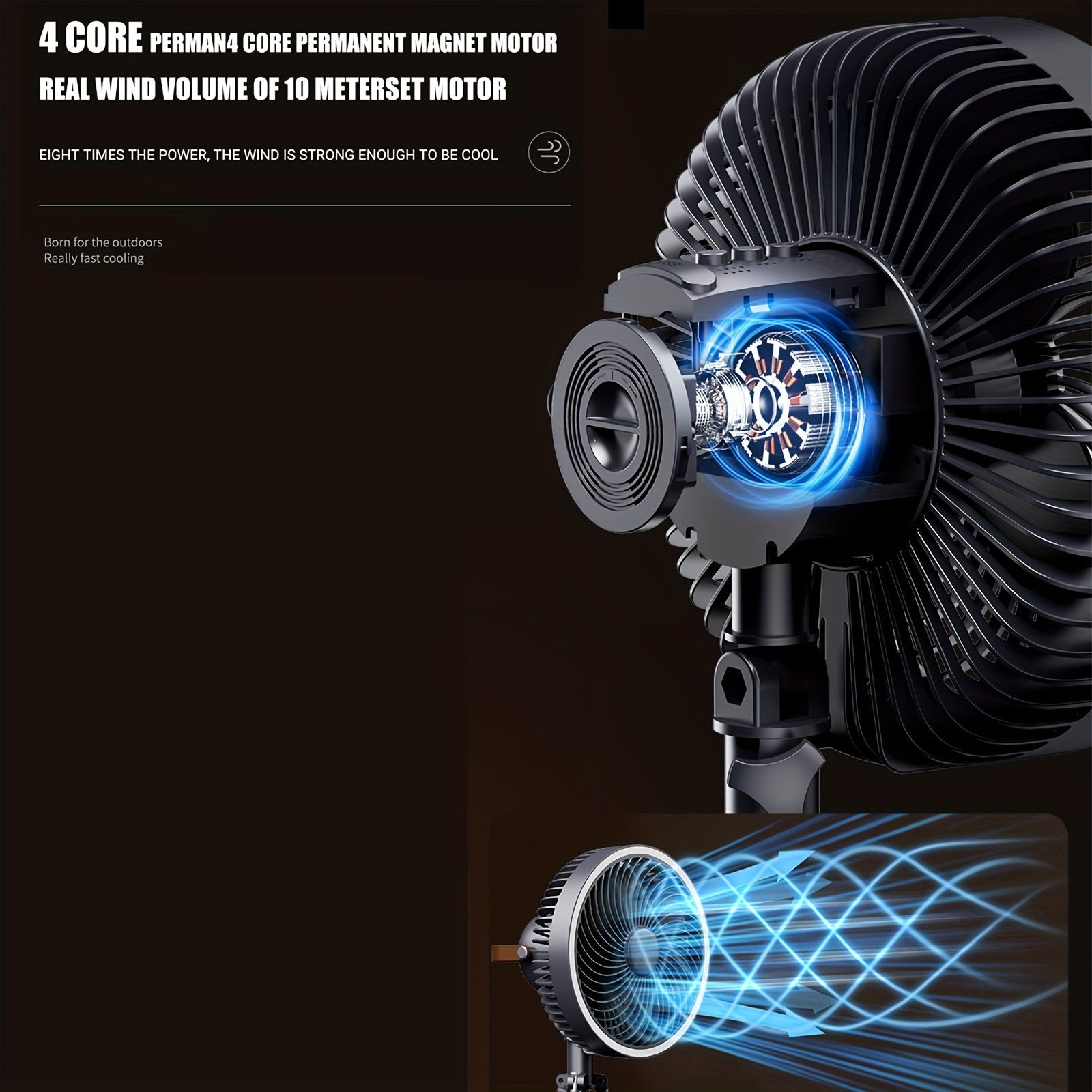 Portativ uch o‘rindiqli shamollatgich LED chiroq bilan, 4000mAh batareya, 4 tezlik, teleskopik, uyda, sayohatda va ochiq havoda yengil