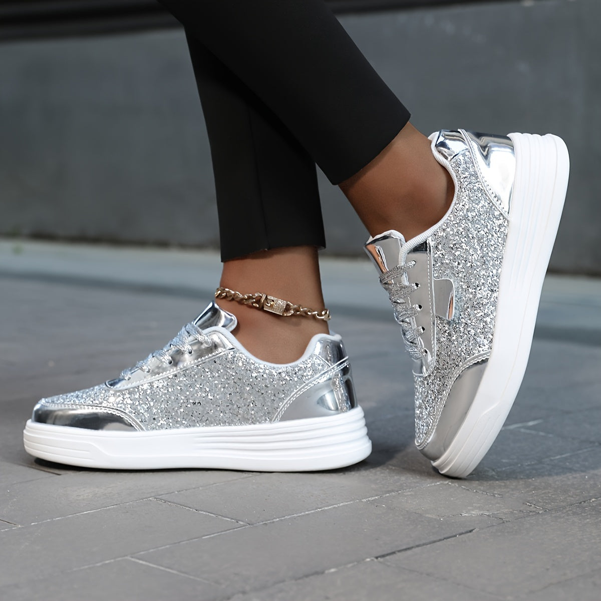 Zapatillas de lentejuelas brillantes para mujer, color dorado y blanco, de caña baja, calzado casual para skate
