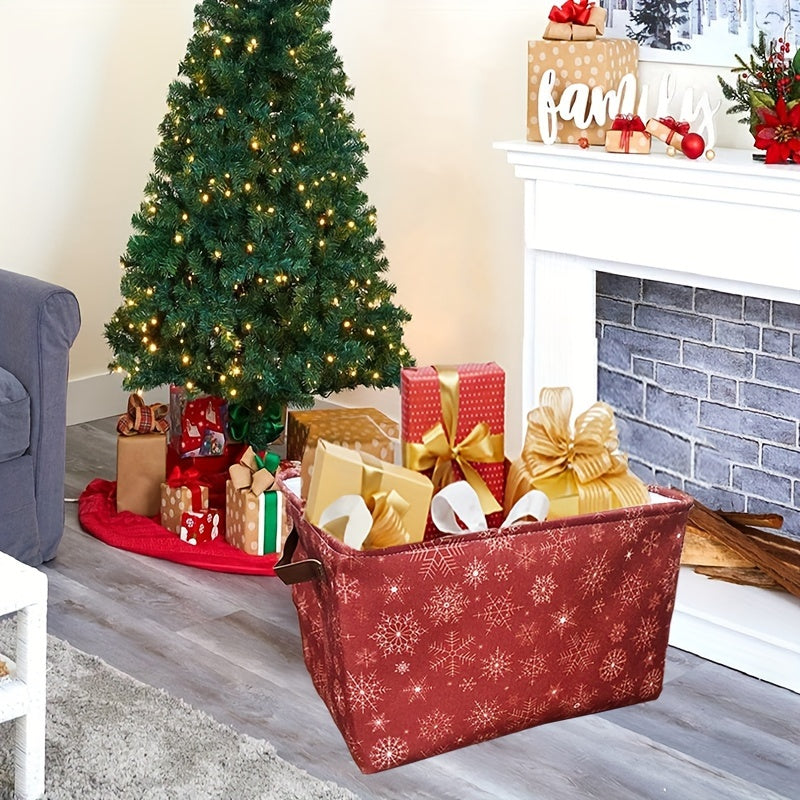 Прямоугольная складная новогодняя корзина для хранения снега с кожаной ручкой 36x26см Ткань