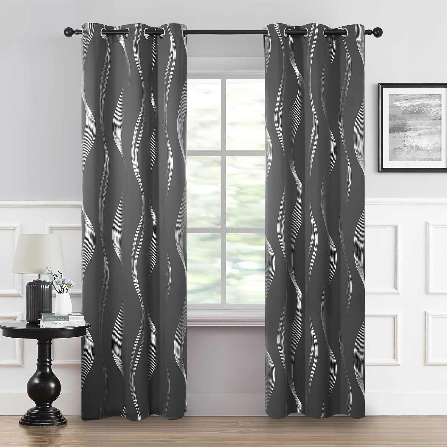 Contemporary Blackout Curtains 2 Pieces Woven Polyester Grommet Top Room Darkening