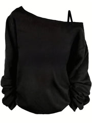 Women's Long Sleeve Asymmetrical Shoulder T-Shirt Solid Polyester Blend Elegant Casual