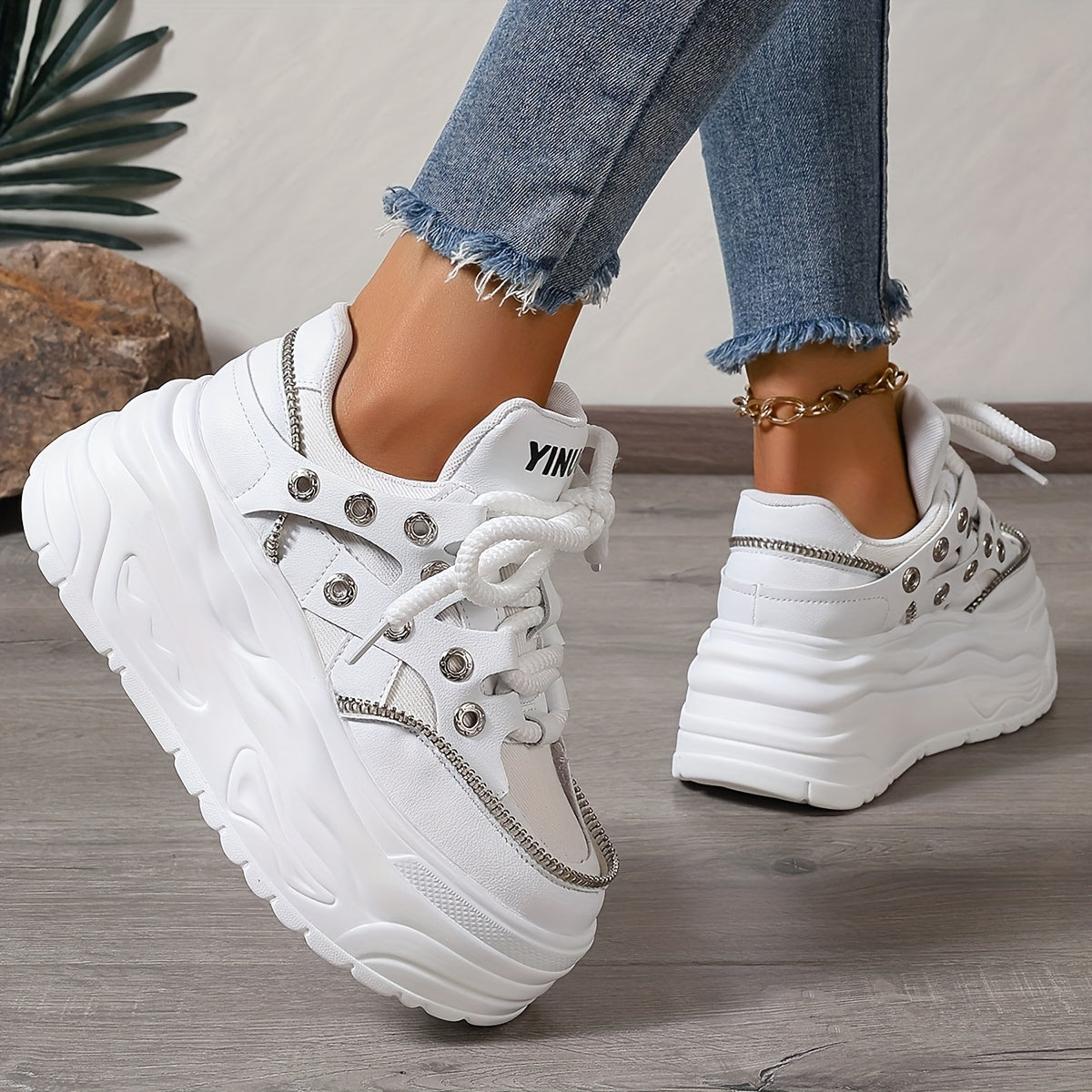 Women's Chunky Platform Sneakers Mid Top EVA Lace-Up Fashion Shoes