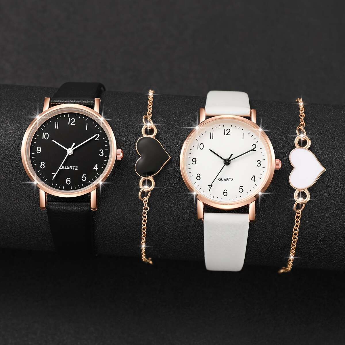 Women's Quartz Watch and Heart Charm Bracelet Set Alloy Case Faux Leather Strap Round Analog Dial