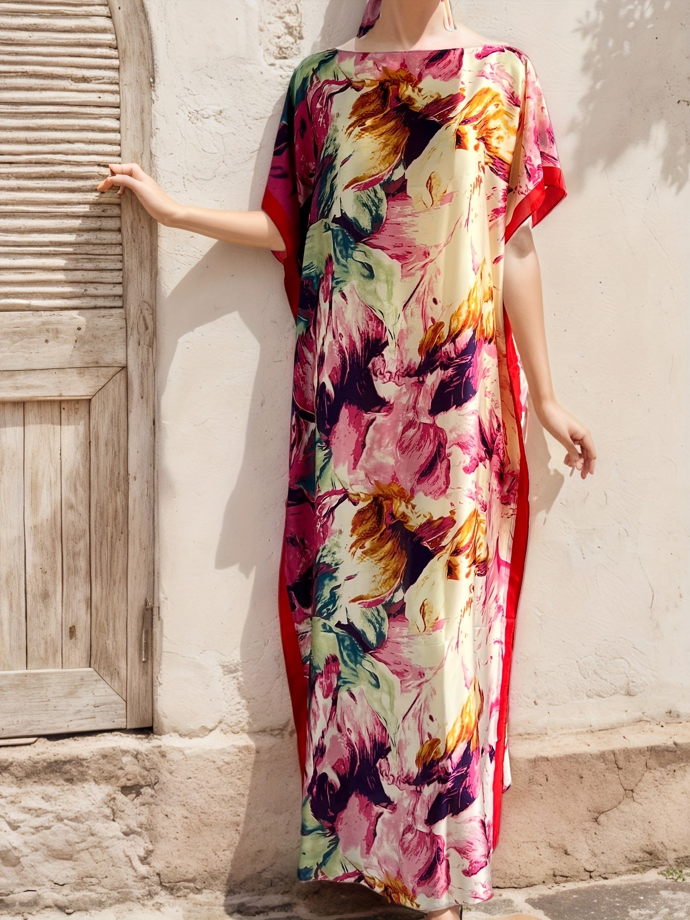Plus Size Floral Print Maxi Dress with Scarf for Women Pink White Batwing