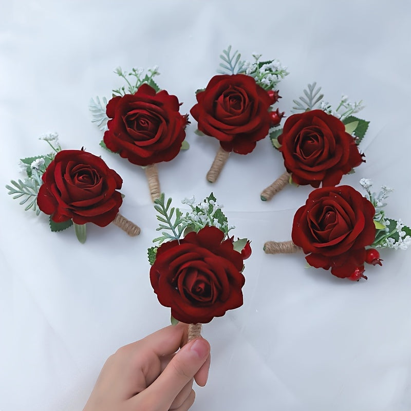 6-Piece Red Artificial Rose Wedding Boutonnieres for Bridal Party Groomsmen Prom Decorations