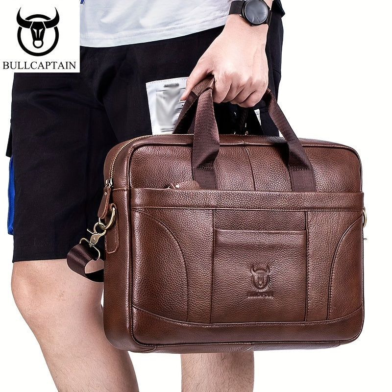 Men's Leather Briefcase Business Messenger Bag with Multiple Compartments and Adjustable Strap in Brown