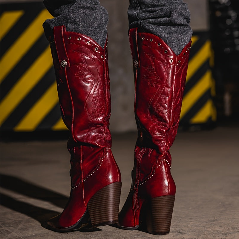 Women's Western Cowgirl Boots Red Faux Cover Knee-High Chunky Heel