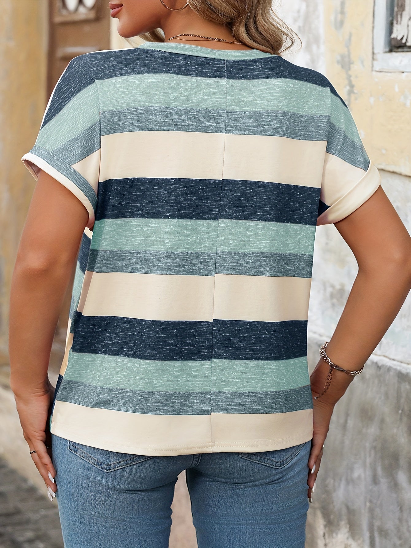 Plus Size Striped V Neck T-Shirt for Women Summer Casual Polyester Knit