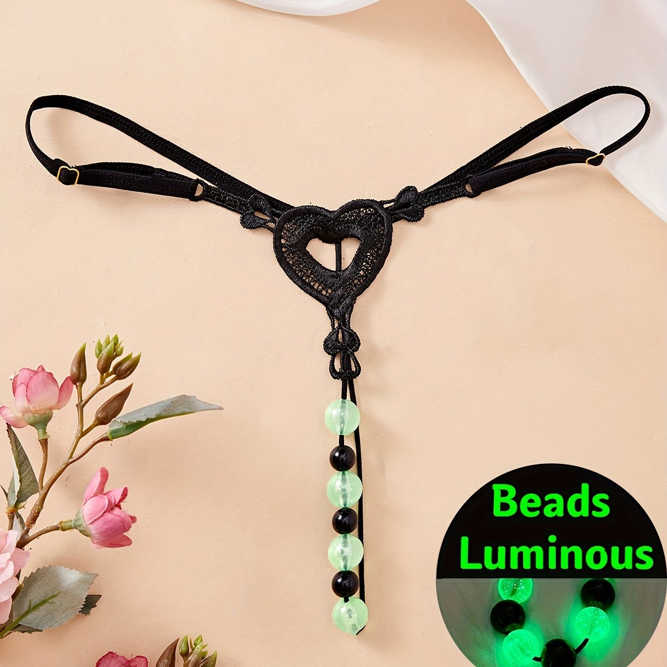 Adult Beaded Polyester Thong with Heart Drop Waist Luminous Bead Accents Knit Fabric Lingerie