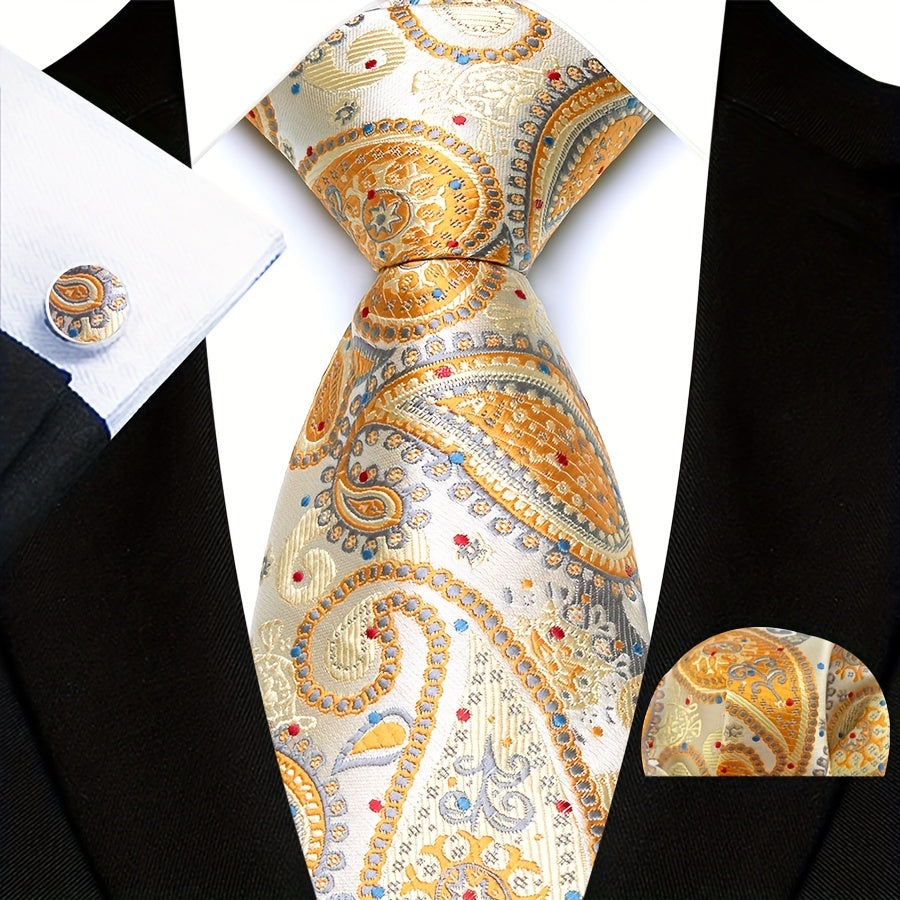 Men's Paisley Pattern Tie Set with Pocket Square and Cuffs for Business Formal