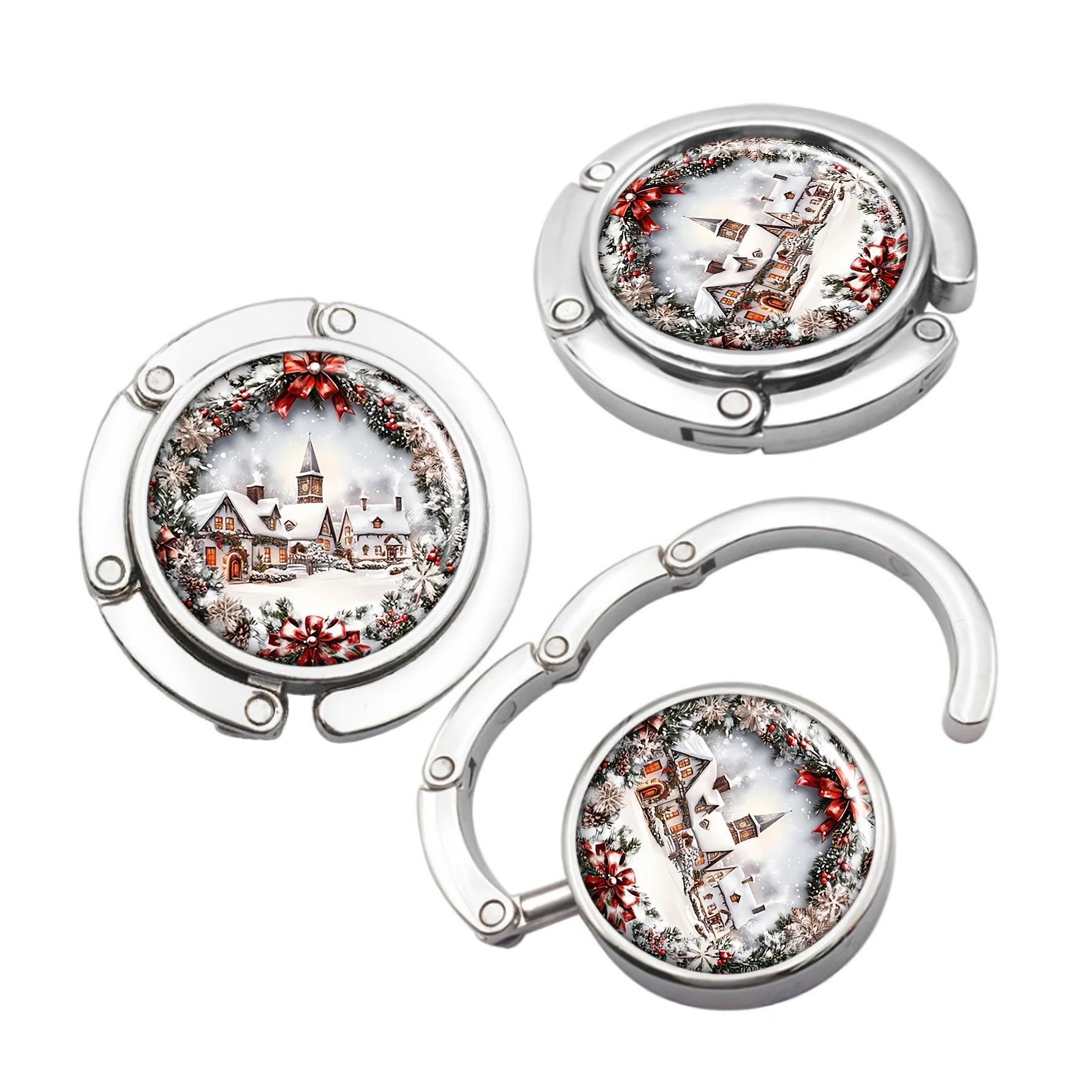 Portable Folding Purse Hook Table Accessory with Christmas Village Snow Scene Design