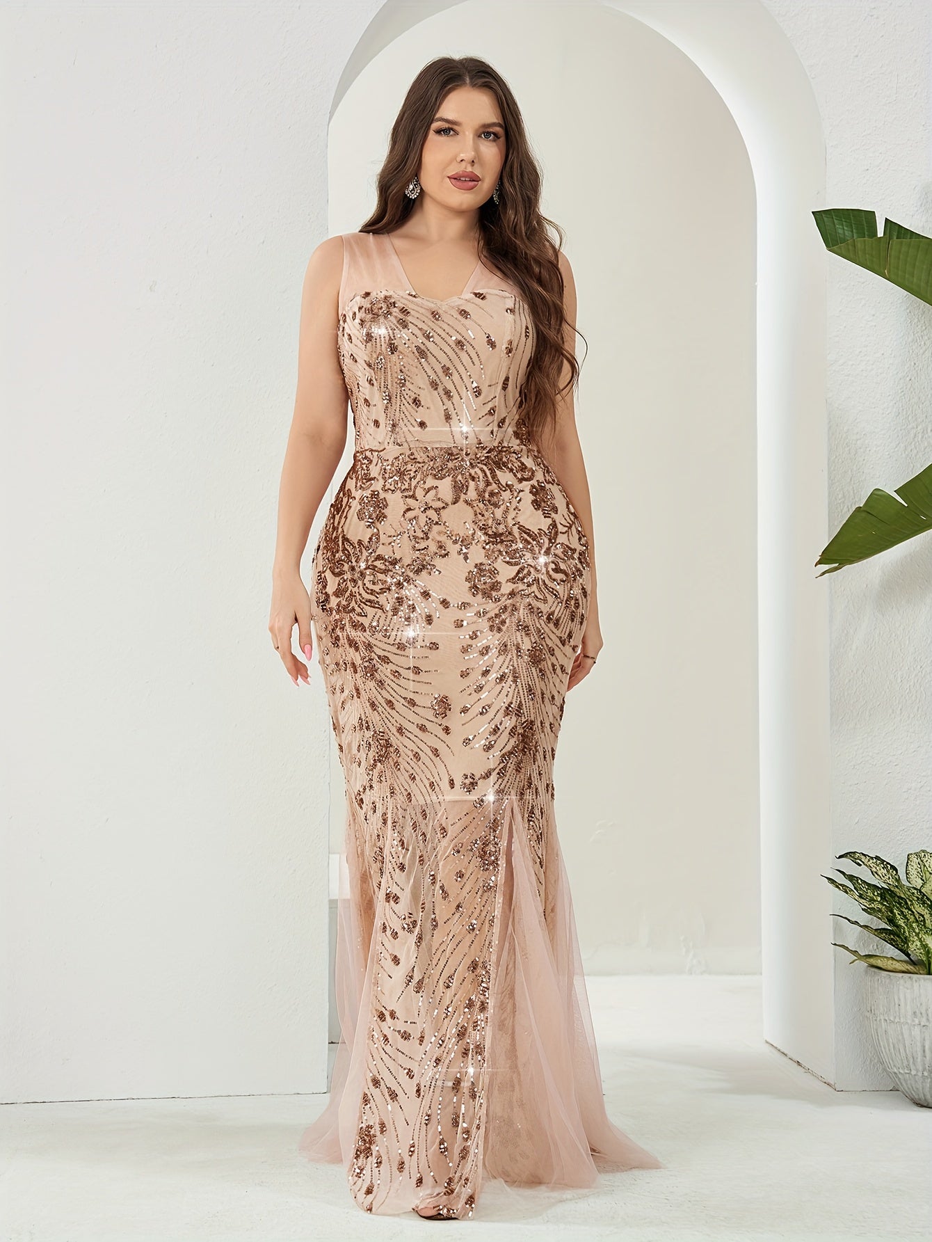 Women's Beige Fitted Sleeveless V-Neck Gown with Sequin Detail and High Slit