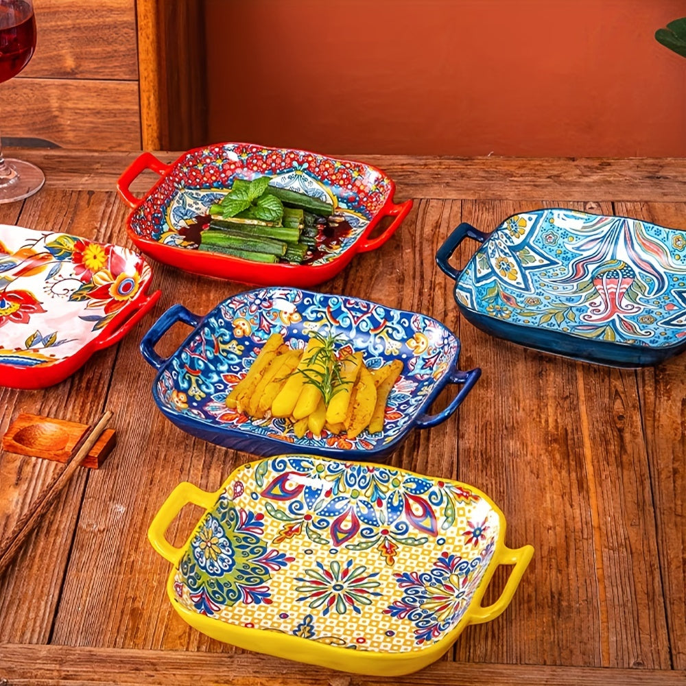 9-Inch Ceramic Salad Bowl with Handles Floral and Geometric Patterns Microwave Safe