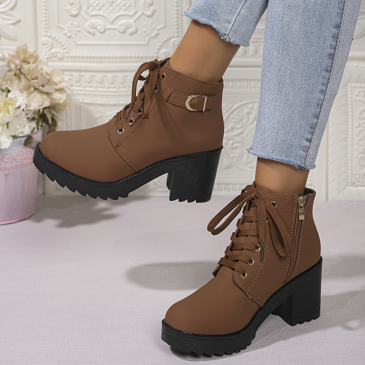 Women's Copper Plated High Heels with Buckle Decor and Thick Sole