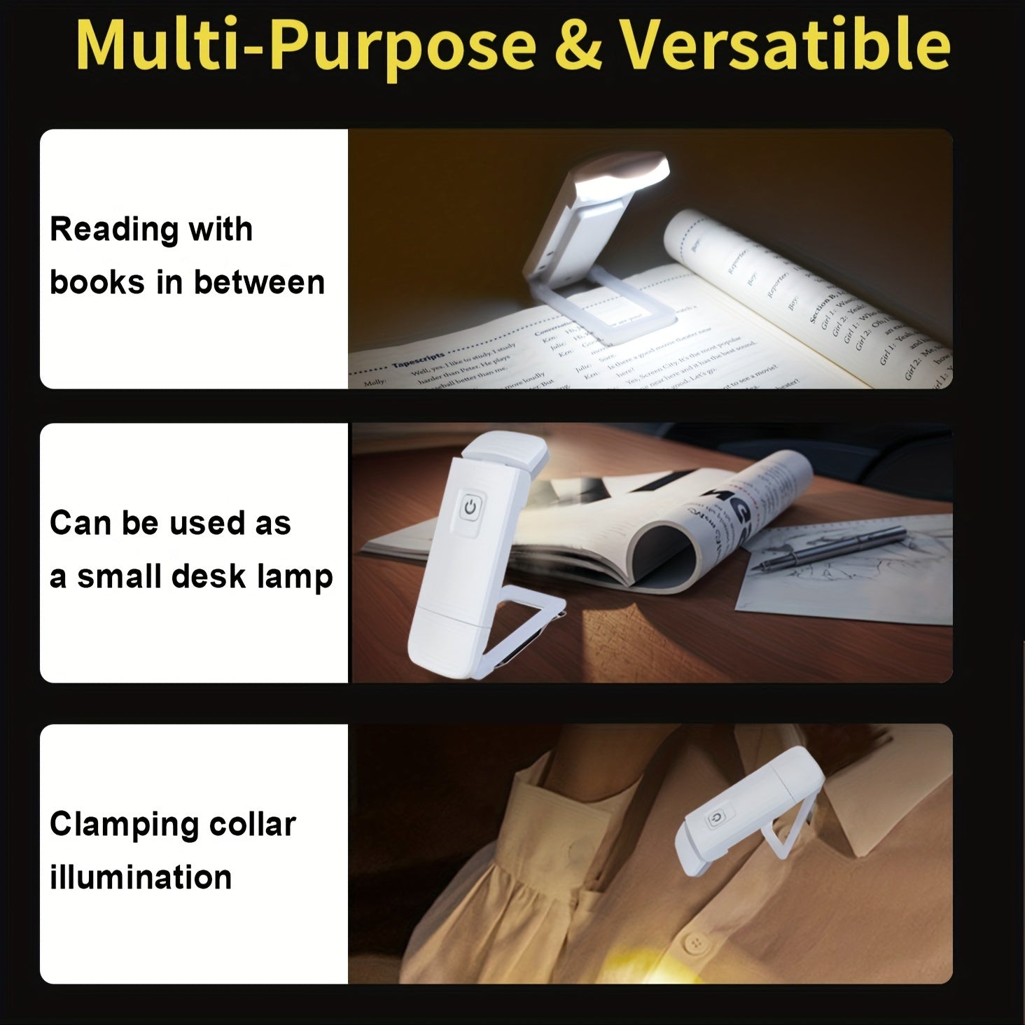 Luz de lectura recargable con diseño de clip, luz de lectura para cuidado de los ojos, montable en pared, batería de litio