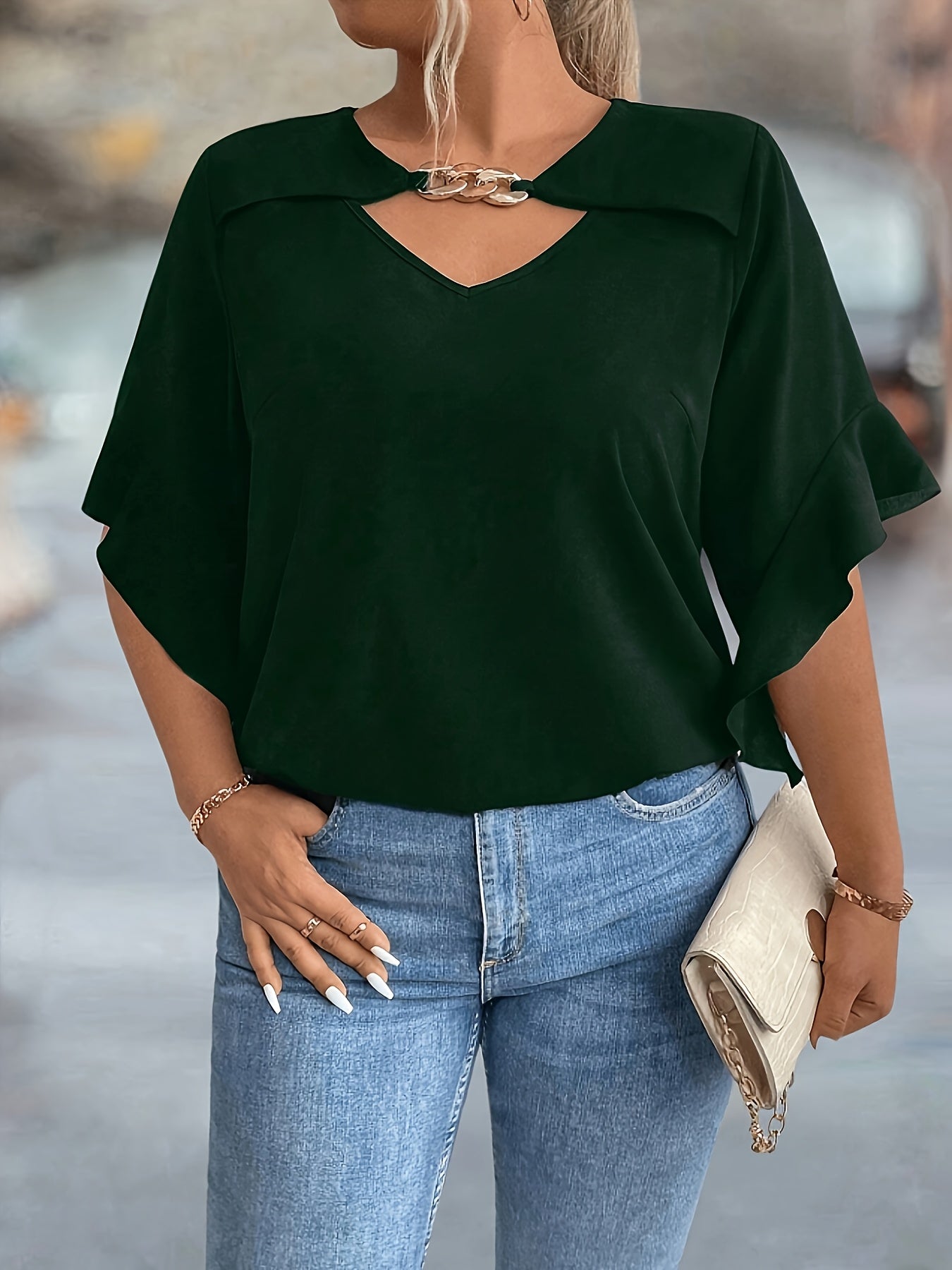 Plus-Size Black V-Neck Women's Top Polyester Spring Summer Shirting