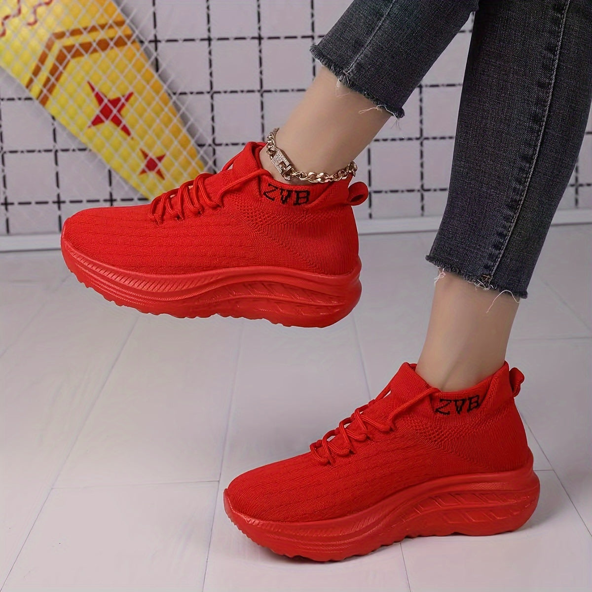 Women's Knitted Platform Sneakers Breathable Casual Low-Top Wedge Shoes
