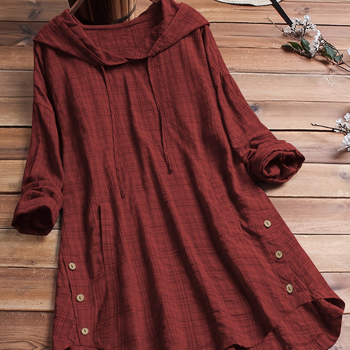 Women's Plaid Hooded Shirt with Asymmetrical Design and Waist Tie