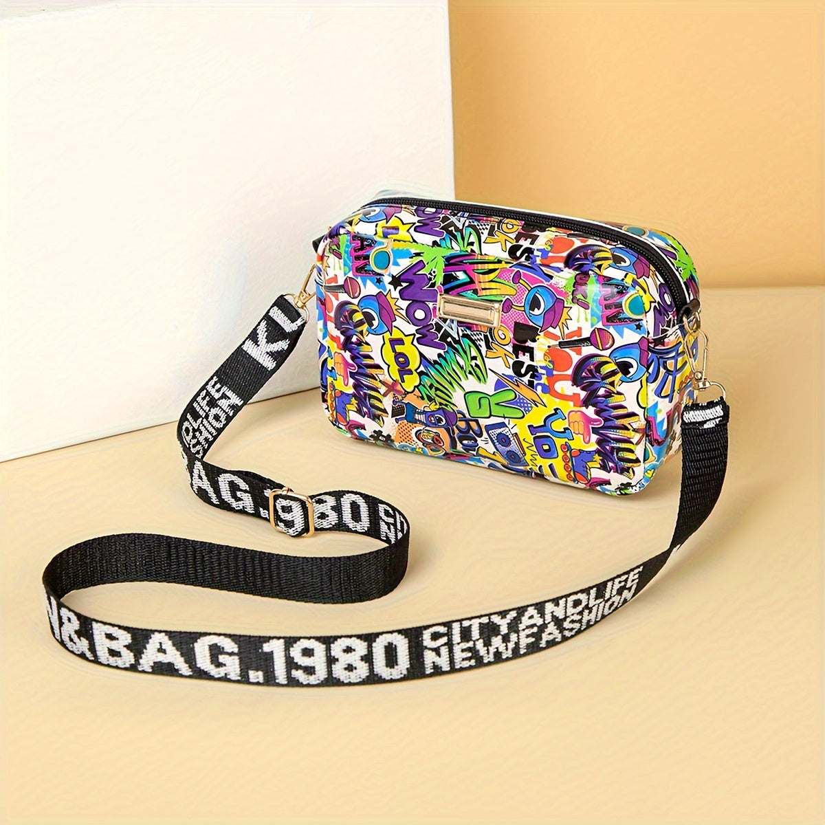 Women's Graffiti Print Crossbody Bag with Removable Strap Glitter Embellishment