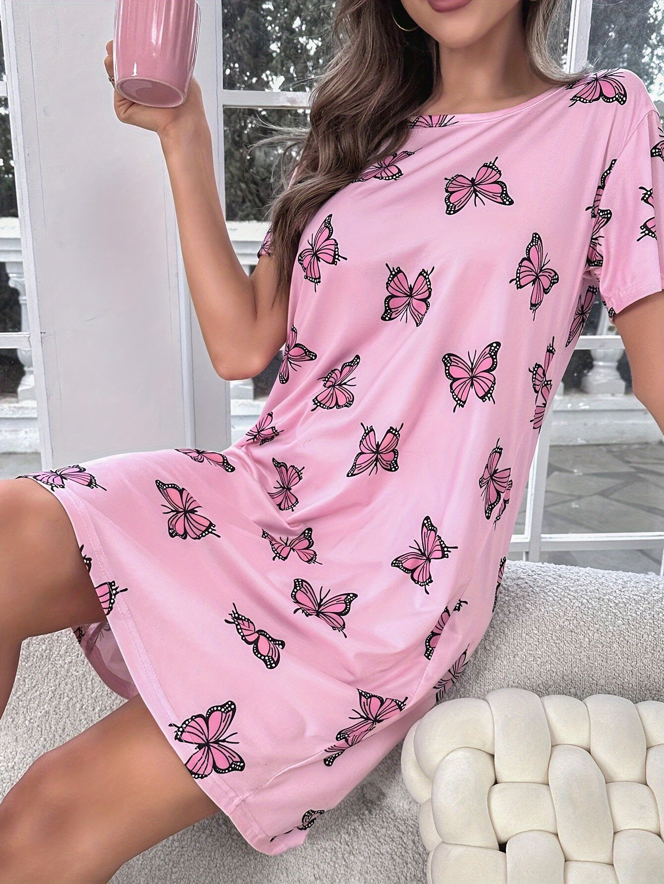 Butterfly Print Nightdress for Women Short Sleeve Crew Neck Summer Sleepwear