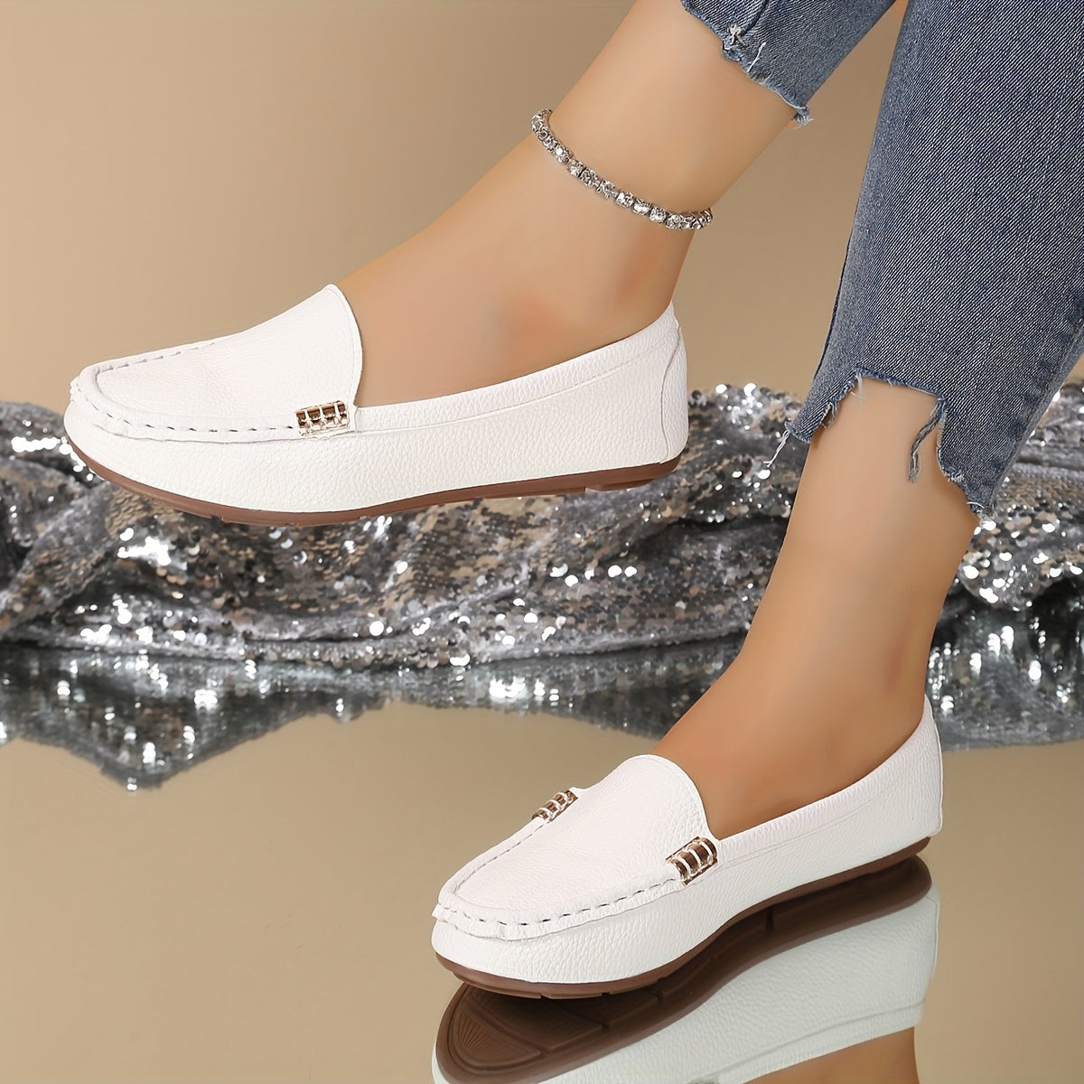 Women's Slip-On Flats White Rubber Sole All-Season Casual and Formal Shoes