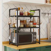 Expandable Double Layer Microwave Rack with Hooks Kitchen Storage Organizer