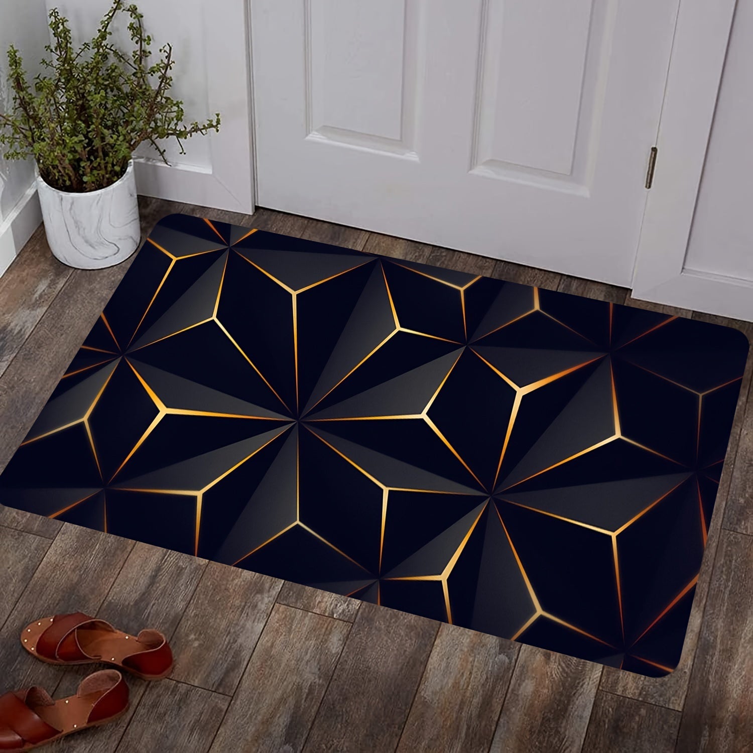 Black and Gold Geometric Area Rug for Living Room and Bedroom Slip-Resistant Carpet