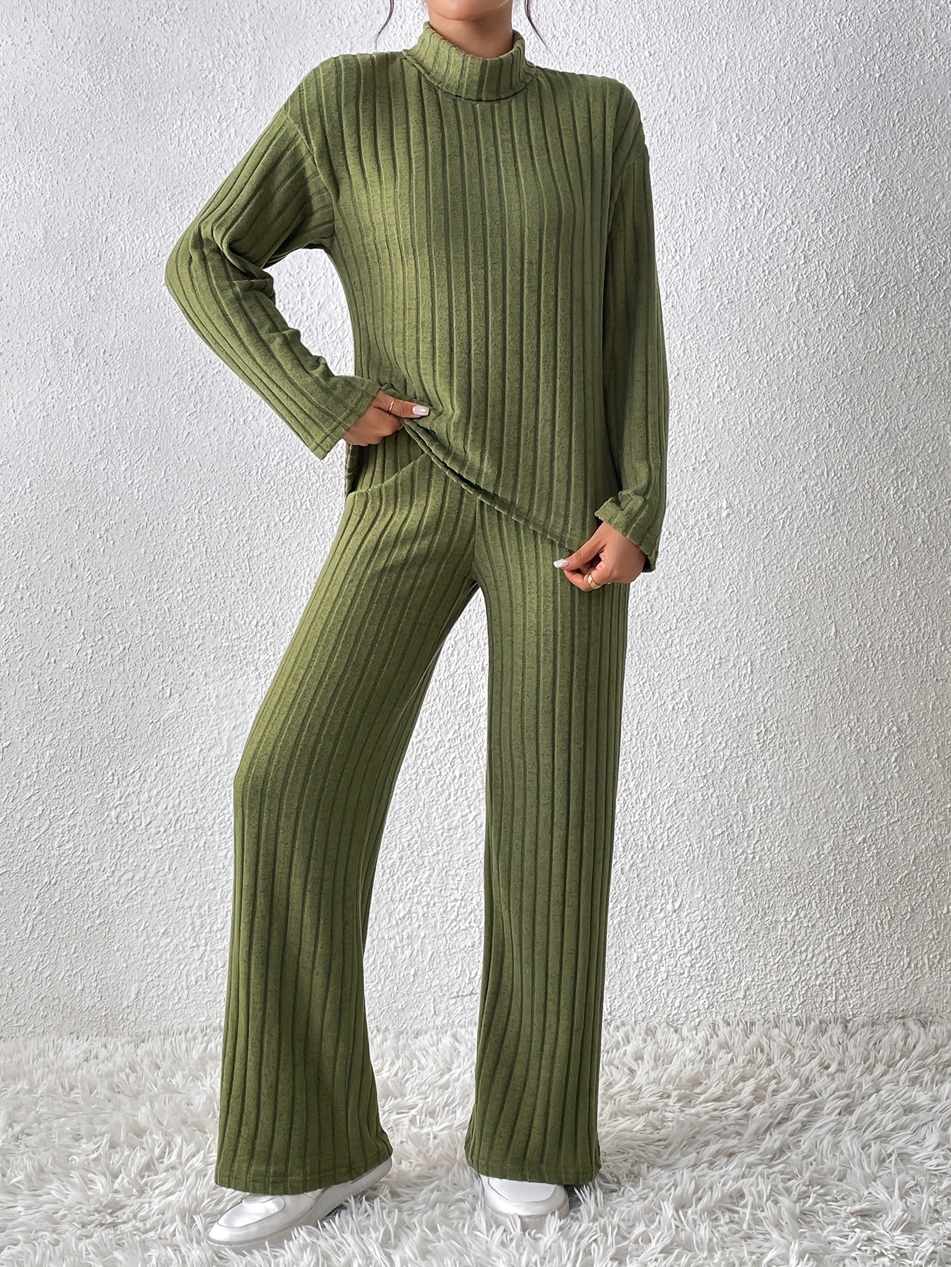 Women's Casual Knit Two-Piece Suit with Fur-Trimmed High Collar Long Sleeve Top and Loose Trousers