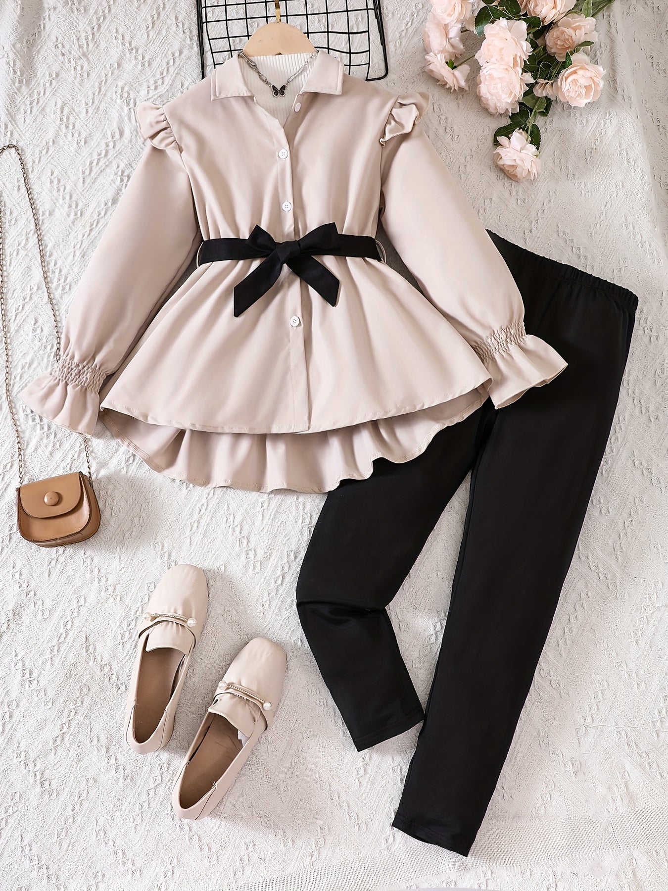 Girls Fall Outfit Set with Bell Sleeve Shirt and Black Leggings for Kids