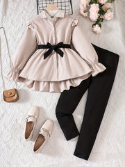 Girls Fall Outfit Set with Bell Sleeve Shirt and Black Leggings for Kids