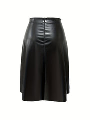 Women’s Black High-Waist PU Leather Flared Midi Skirt for Fall Winter