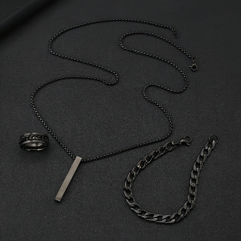 Men's Stainless Steel Jewelry Set Black Geometric Pendant Necklace Bracelet Ring for Valentine's Day