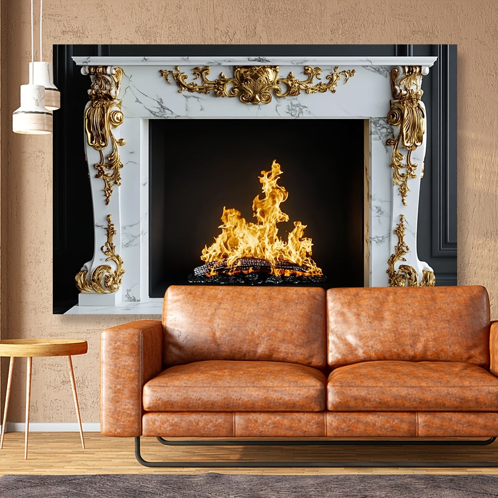 Chimenea de mármol blanco con detalles barrocos dorados para sesiones de fotos y decoración