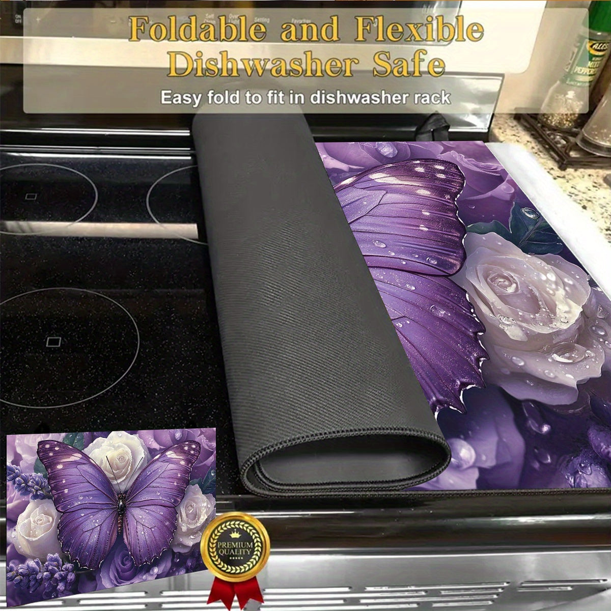 Binafsha rangli kapalak va gul naqshli quritish mato, pech usti himoya qiluvchi, issiqlikka chidamli, chizishga qarshi, sirg‘alishga qarshi, bardoshli