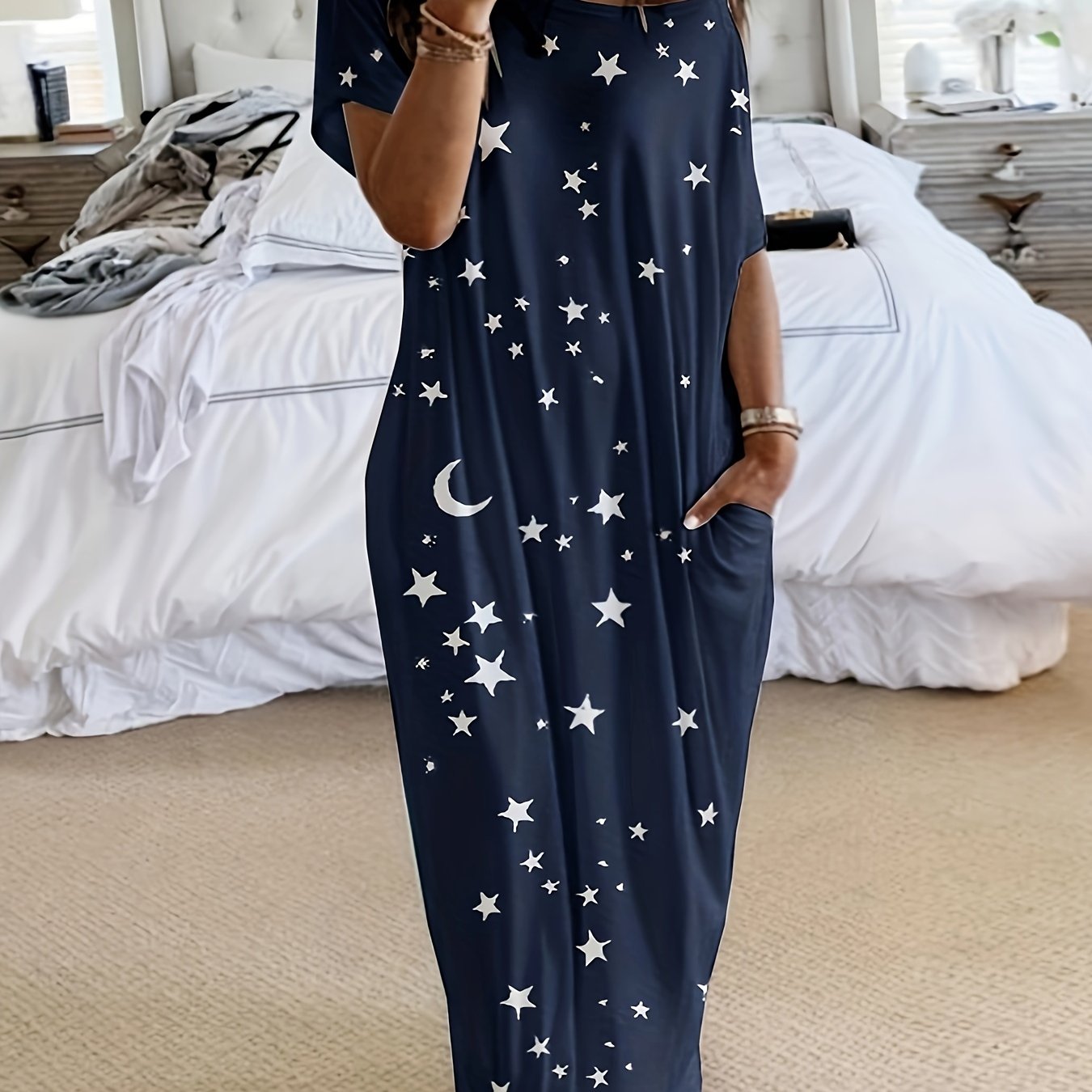 Women's Lounge Dress Plus Size Tie Dye Butterfly Heart Print One Shoulder Sleep Dress With Pockets