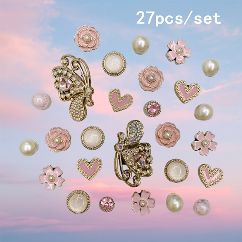 Girls 27PCS Pink Heart Flower Butterfly Shoe Charms for Sandals Slippers